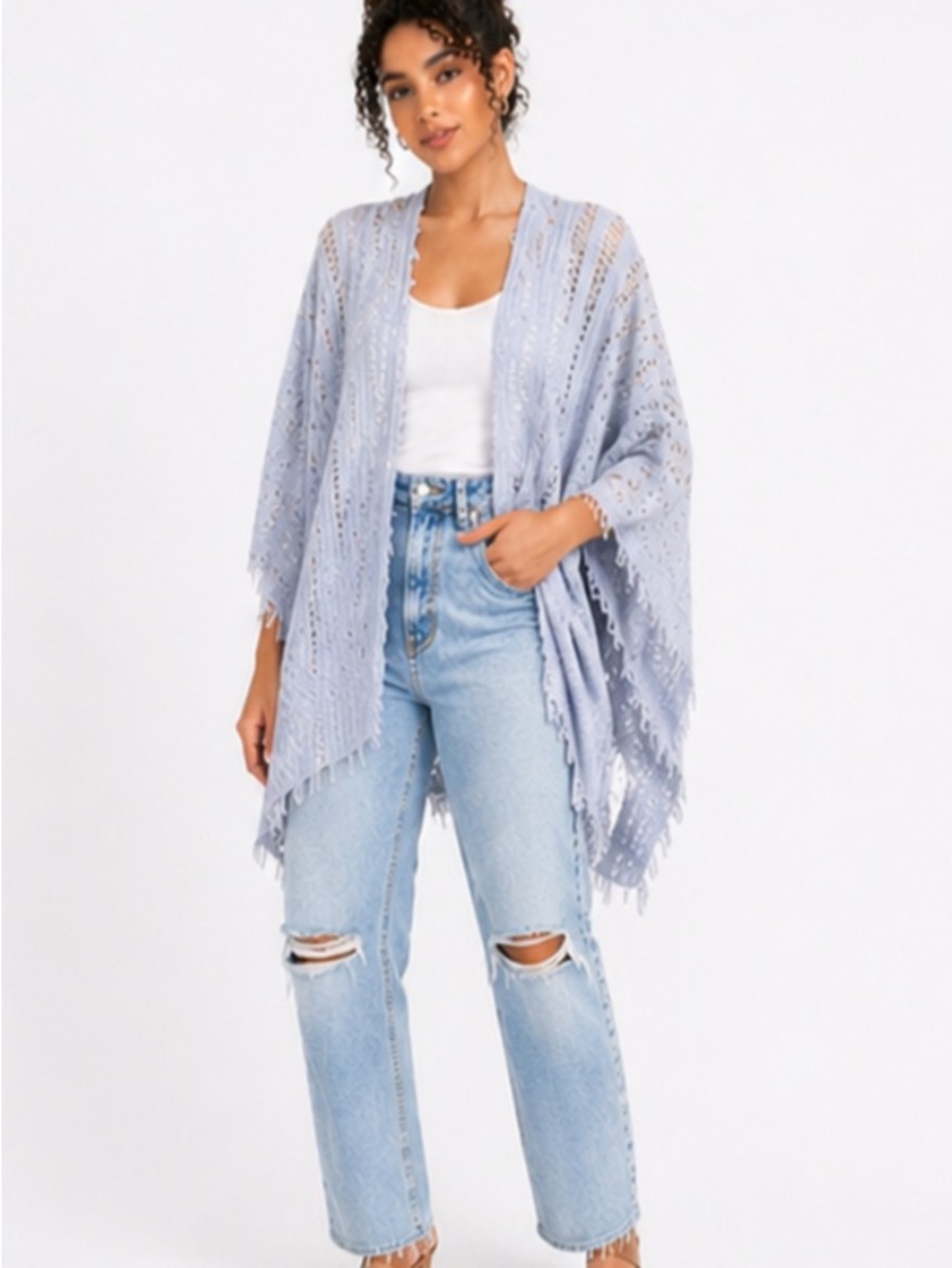Light Blue Openwork Fringe with Cardigan